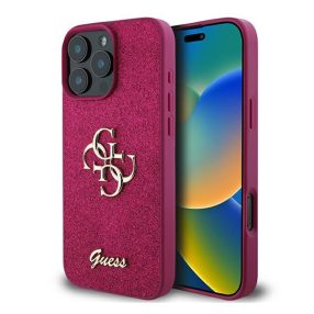   Guess Glitter Script Big 4G iPhone 16 Pro kemény hátlap tok, lila GUHCP16LHG4SGU