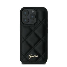   Guess Quiled Metal Logo iPhone 16 kemény hátlap tok, fekete GUHCP16SPSQSQSK