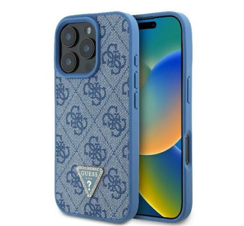 Guess Leather 4G Triangle Strass iPhone 16 Pro Max kemény hátlap tok, kék GUHCP16XP4TDPB