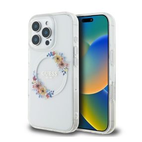   Guess IML Flowers Wreath iPhone 16 Pro MagSafe kemény hátlap tok, átlátszó GUHMP16LHFWFCT