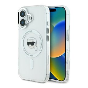   Karl Lagerfeld IML Metal Karl Head iPhone 16 MagSafe kemény hátlap tok, fehér KLHMP16SHLSKIH