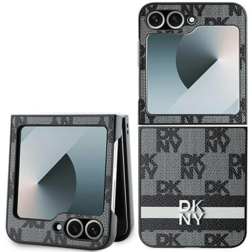 DKNY PU Leather Checkered Pattern and Stripe Samsung Galaxy Z Flip 6 / Flip 7 FE hátlap tok, fekete