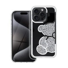Teddy Bear iPhone 15 Pro csillogó köves tok, ezüst