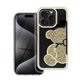 Teddy Bear iPhone 15 Pro csillogó köves tok, arany