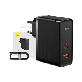   Baseus GaN USB-C + USB-A töltő adapter + 1m USB-C kábel, 100W, fekete
