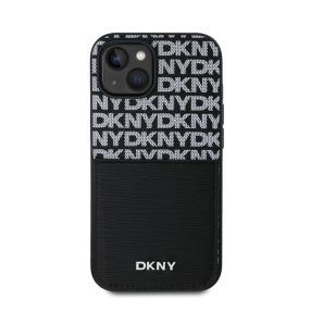   DKNY PU Leather Repeat Pattern iPhone 15 tok kártyatartóval, fekete