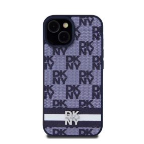   DKNY PU Leather Checkered Pattern and Stripe iPhone 15 tok, kék