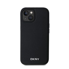   DKNY PU Leather Silver Metal Logo iPhone 15 MagSafe tok, fekete