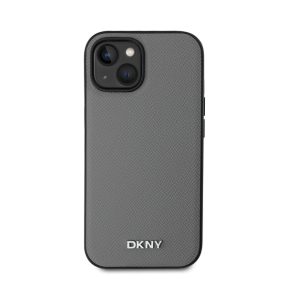   DKNY PU Leather Silver Metal Logo iPhone 15 MagSafe tok, szürke