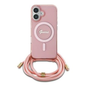   Guess Crossbody Cord Script iPhone 16 MagSafe hátlap tok karpánttal, rózsaszín GUHMP16SHCTSGNSP