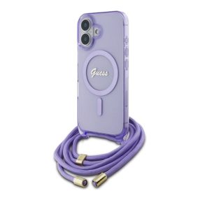   Guess Crossbody Cord Script iPhone 16 MagSafe hátlap tok karpánttal, lila GUHMP16SHCTSGNSU