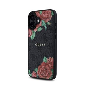   Guess PU Leather 4G Roses iPhone 16 MagSafe műbőr tok, fekete-rózsa
