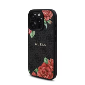   Guess PU Leather 4G Roses iPhone 16 Pro Max MagSafe műbőr tok, fekete-rózsa