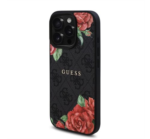 Guess PU Leather 4G Roses iPhone 16 Pro Max MagSafe műbőr tok, fekete-rózsa