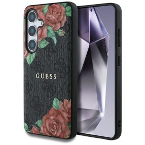   Guess Leather 4G Flowers Print Metal Classic Logo MagSafe Samsung Galaxy S25 kemény hátlap tok, fekete