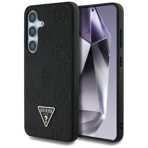 Guess Grained Hot Stamp Peony Pattern Triangle Logo Samsung Galaxy S25 MagSafe kemény hátlap tok, fekete