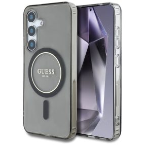   Guess Glitter Circle Classic Logo Samsung Galaxy S25 MagSafe kemény hátlap tok, fekete