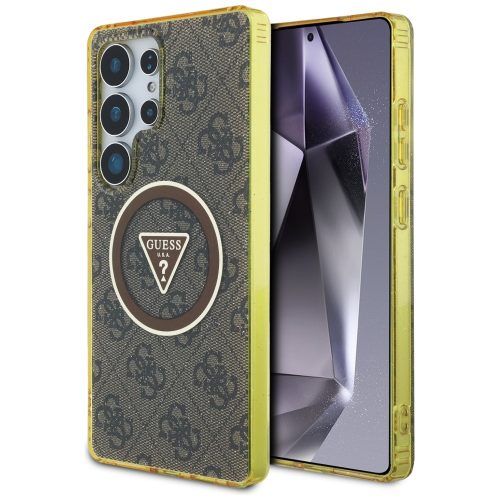 Guess 4G Glitter Triangle Buttons Samsung Galaxy S25 Ultra MagSafe kemény hátlap tok, barna