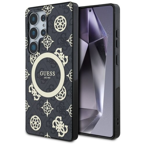 Guess 4G Background Gold Electroplated Peony Pattern Samsung Galaxy S25 Ultra MagSafe kemény hátlap tok, fekete