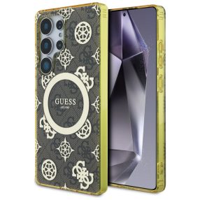   Guess 4G Background Gold Electroplated Peony Pattern Samsung Galaxy S25 Ultra MagSafe kemény hátlap tok, barna