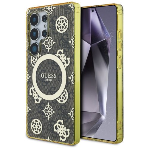 Guess 4G Background Gold Electroplated Peony Pattern Samsung Galaxy S25 Ultra MagSafe kemény hátlap tok, barna