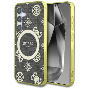   Guess 4G Background Gold Electroplated Peony Pattern Samsung Galaxy S25 MagSafe kemény hátlap tok, barna