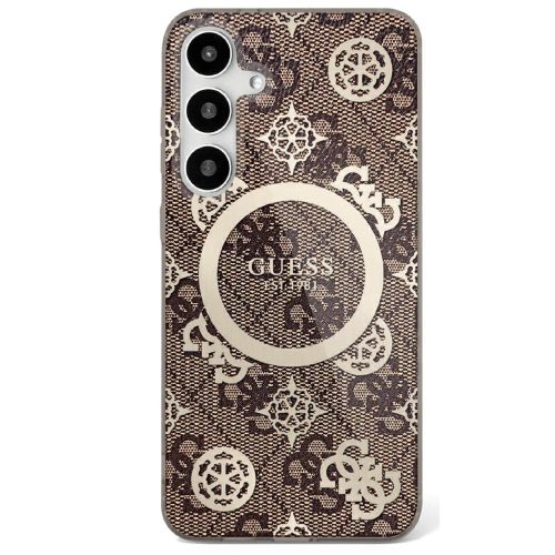 Guess 4G Background Gold Electroplated Peony Pattern Samsung Galaxy S25 MagSafe kemény hátlap tok, barna