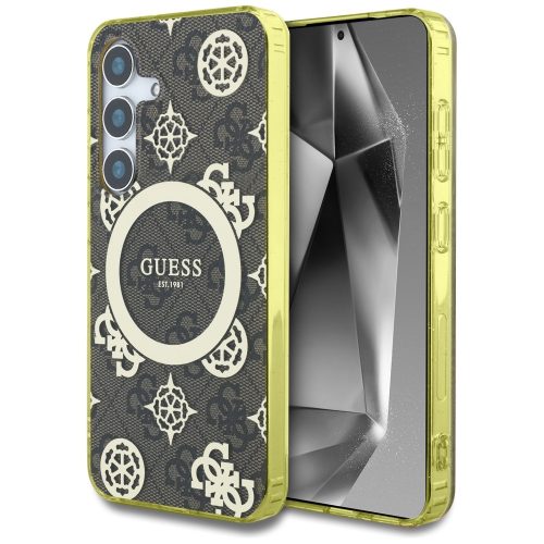 Guess 4G Background Gold Electroplated Peony Pattern Samsung Galaxy S25 MagSafe kemény hátlap tok, barna