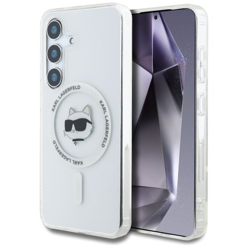 Karl Lagerfeld Button Choupette Head Printed Logo Galaxy S25+ MagSafe hátlap tok, fehér