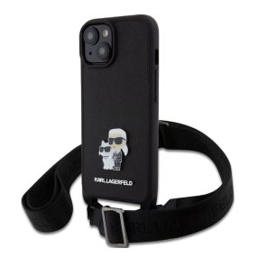   Karl Lagerfeld Saffiano Crossbody Strap Metal Karl and Choupette Apple iPhone 15 hátlap tok, fekete