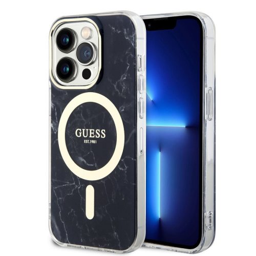 Guess IML Marble iPhone 13 Pro Max MagSafe hátlap tok, fekete