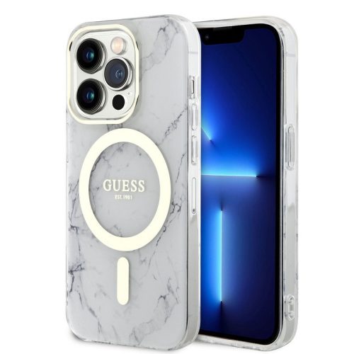 Guess IML Marble iPhone 13 Pro MagSafe hátlap tok, fehér