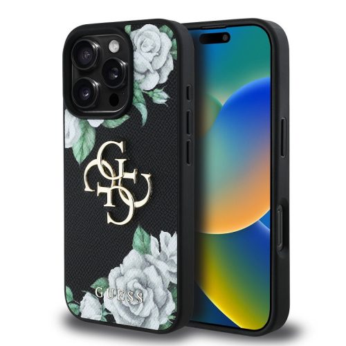 Guess PU Grained Roses 4G Metal Logo iPhone 16 Pro hátlap tok, fekete