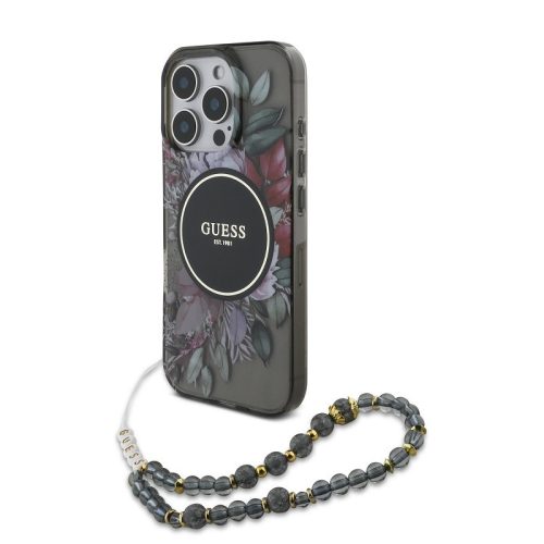Guess IML Flowers iPhone 16 Pro Max MagSafe hátlap tok karpánttal, fekete