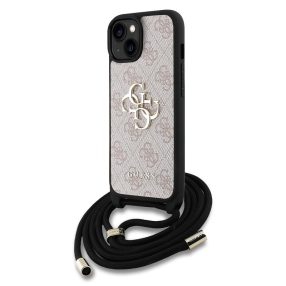   Guess PU 4G Metal Logo Crossbody Strap iPhone 15 hátlap tok, rózsaszín