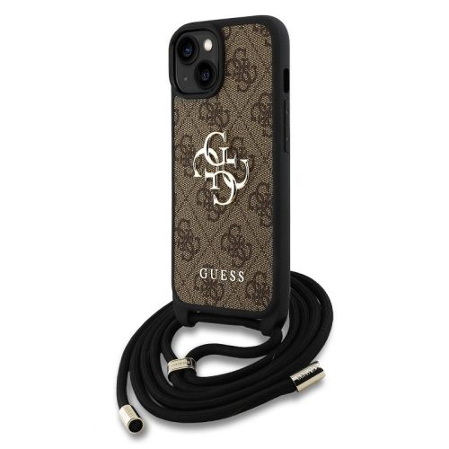 Guess PU 4G Metal Logo Crossbody Strap iPhone 15 hátlap tok, barna