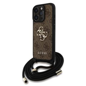   Guess PU 4G Metal Logo Crossbody Strap iPhone 16 Pro hátlap tok, barna