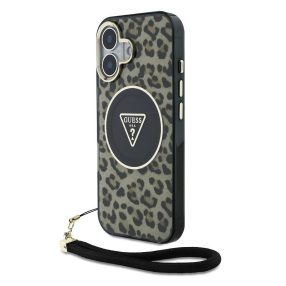   Guess IML Leopard Triangle Logo Strap iPhone 16 MagSafe hátlap tok, barna