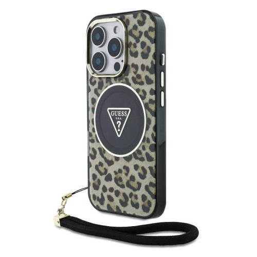 Guess IML Leopard Triangle Logo Strap iPhone 16 Pro Max MagSafe hátlap tok, barna