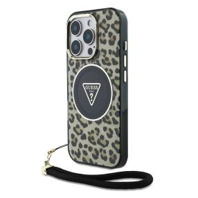   Guess IML Leopard Triangle Logo Strap iPhone 16 Pro MagSafe hátlap tok, barna
