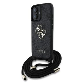   Guess PU 4G Metal Logo Crossbody Strap iPhone 16 hátlap tok, fekete