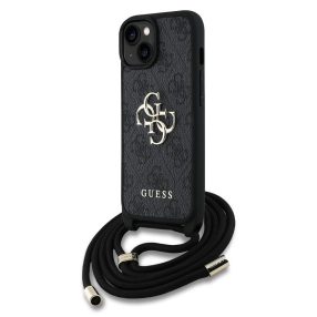   Guess PU 4G Metal Logo Crossbody Strap iPhone 15 hátlap tok, fekete