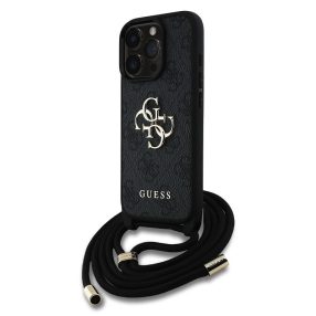   Guess PU 4G Metal Logo Crossbody Strap iPhone 16 Pro hátlap tok, fekete