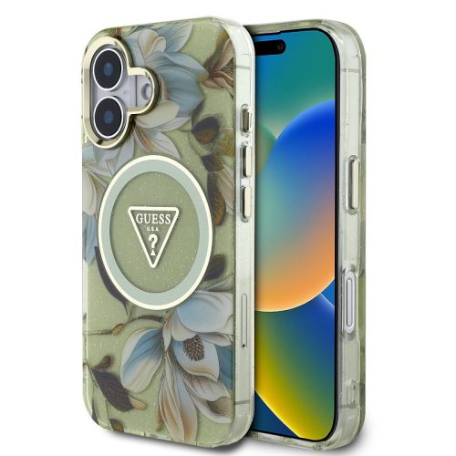 Guess IML Glitter Magnolia and Triangle Logo iPhone 16 MagSafe hátlap tok, zöld