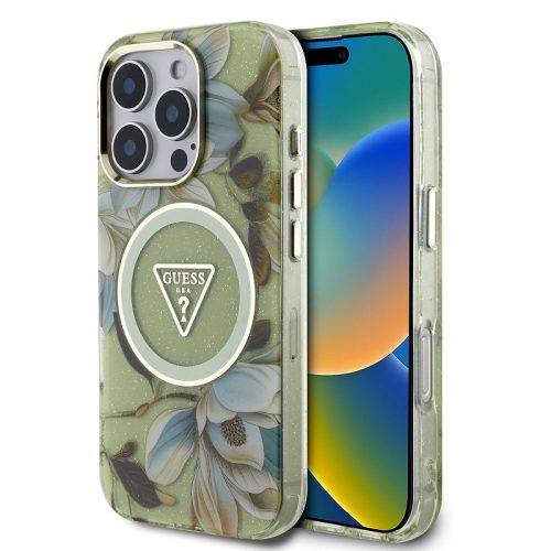 Guess IML Glitter Magnolia and Triangle Logo iPhone 16 Pro Max MagSafe hátlap tok, zöld