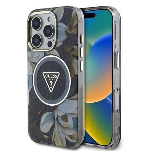 Guess IML Glitter Magnolia and Triangle Logo iPhone 16 Pro Max MagSafe hátlap tok, fekete