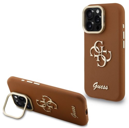 Guess PU Grained 4G Logo Stand Camera Frame iPhone 15 Pro hátlap tok kitámasztóval, barna