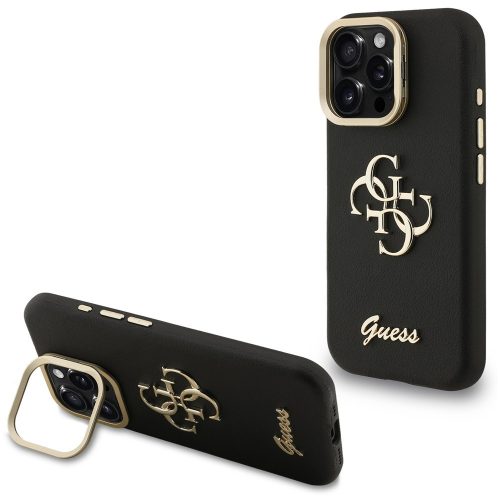Guess PU Grained 4G Logo Stand Camera Frame iPhone 15 Pro Max hátlap tok kitámasztóval, fekete