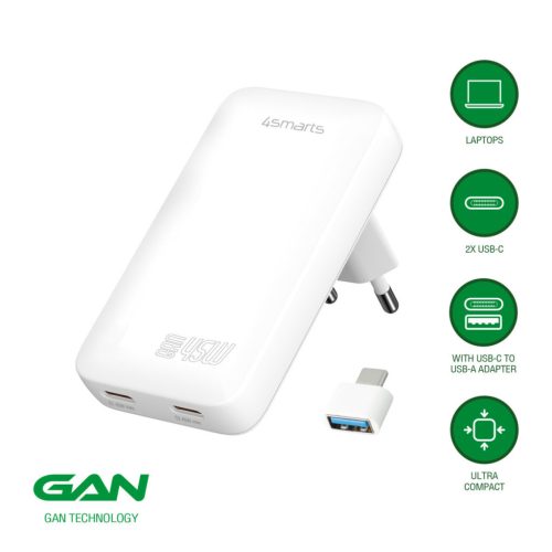 4smarts FlatPlug Slim Dual USB-C hálózati adapter, 45W GaN, fehér