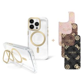   Guess PC/TPU Electroplated iPhone 16 Pro hátlap tok kitámasztóval, cserélhető hátlappal, átlátszó